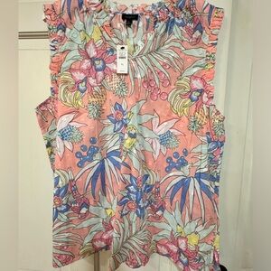 Pink print sleeveless top- ruffle neckline